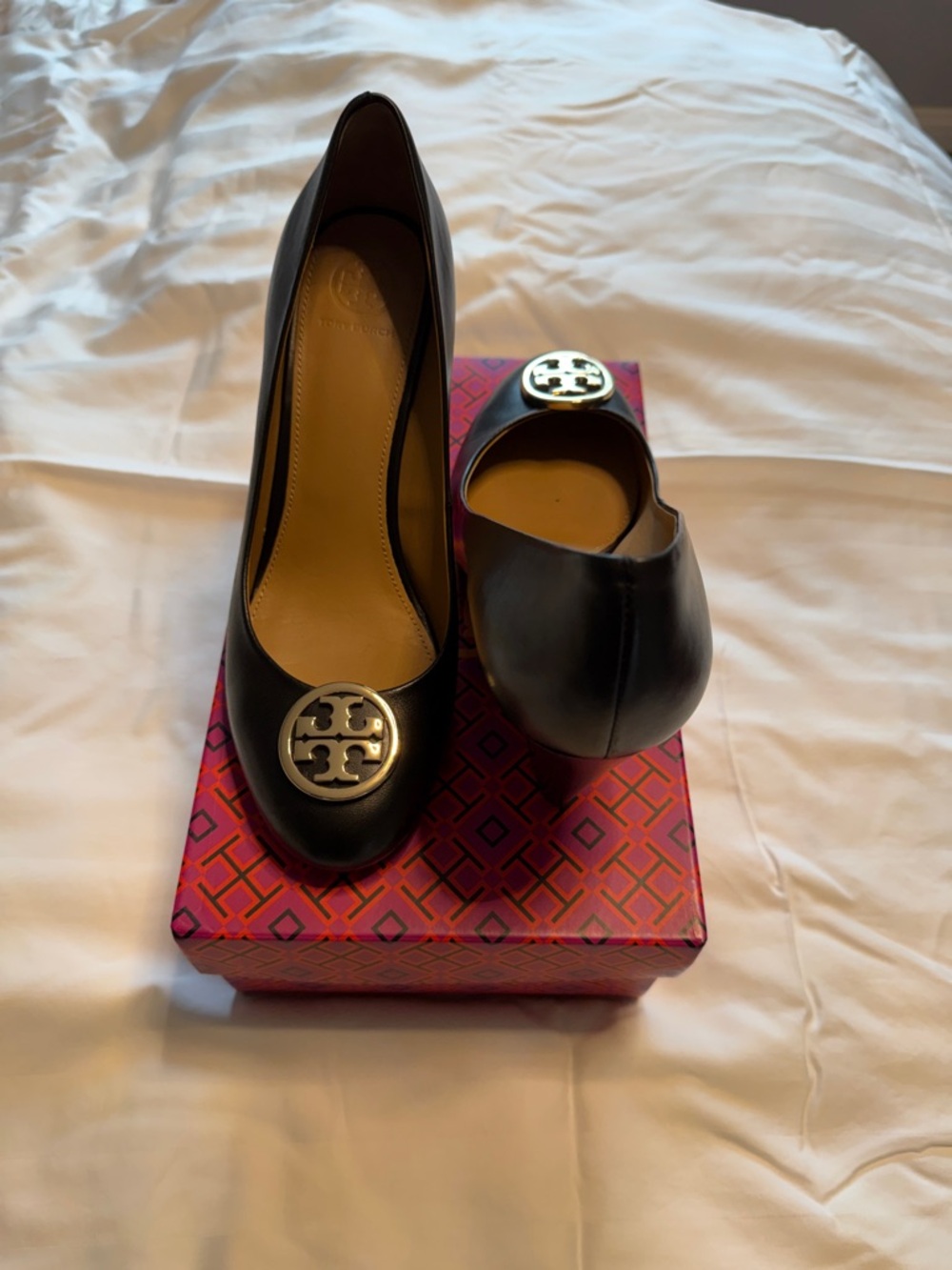 Tory Burch Black Leather Ballet Flats with Gold Logo
